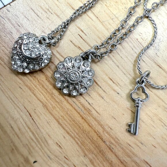 Juicy Couture Silver-Tone Layered Charm Necklace With Heart Key & Flower Pendant - Picture 10 of 10